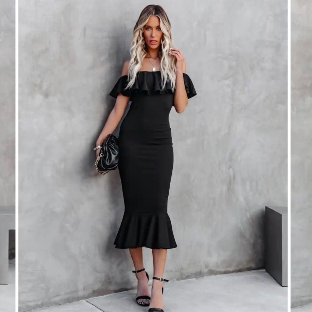 VICI Black Havana Ruffle Fitted Midi Dress - NEW Size Medium